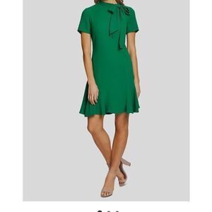 Cece Women's Lush Green Short Sleeve A-line Bow Neck Dress Size 10